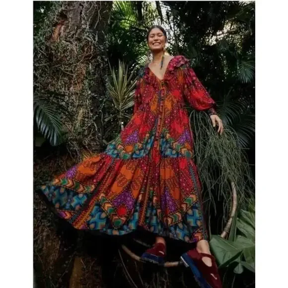 Farm Rio Yawanawa Stripes Long Sleeve Maxi Ankle Dress Red Brown Size Small New - Picture 1 of 13